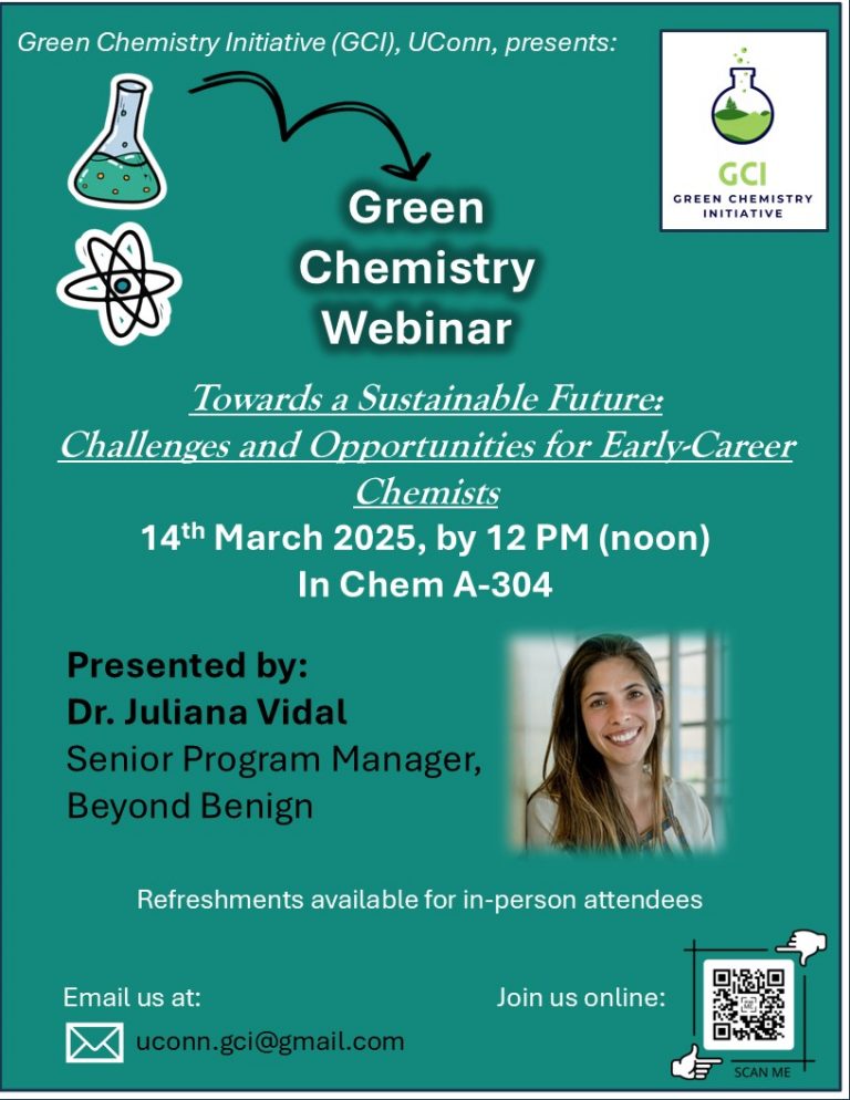 Green Chemistry Webinar with Dr Julia Vidal- March 14th, 2025, at 12 PM in A304